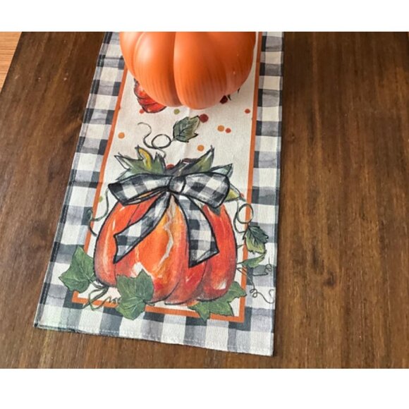 Pumpkin Table Runner Plaid Decorative Cloth Fall Thanksgiving Decor Orange 13x60 - Picture 1 of 9